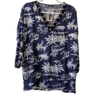 PARIS PINK WOMEN'S NAVY BLUE TROPICAL V-NECK TUNIC SIZE L